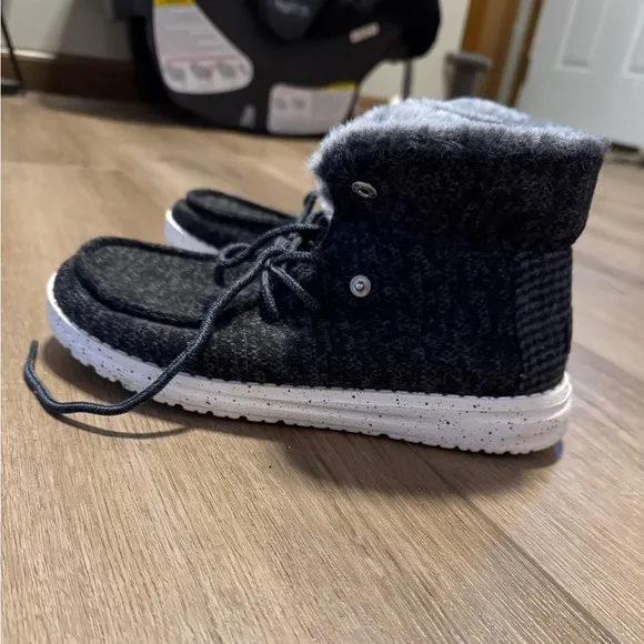 Cozy Black and Gray Fur-Lined Hey Dude Shoes