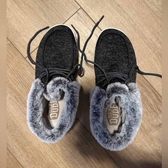 Cozy Black and Gray Fur-Lined Hey Dude Shoes
