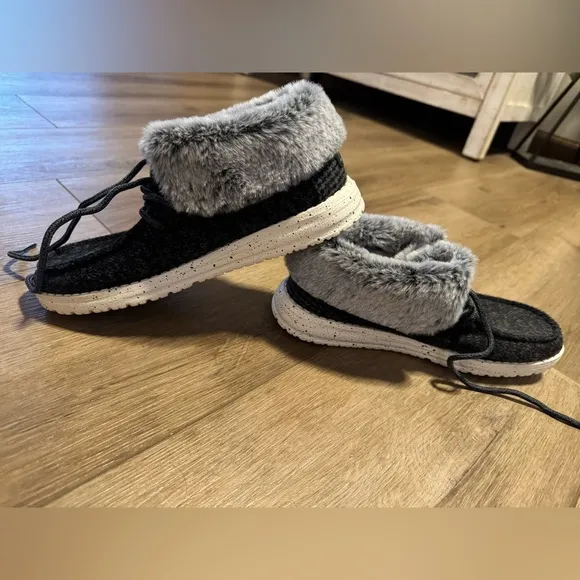 Cozy Black and Gray Fur-Lined Hey Dude Shoes