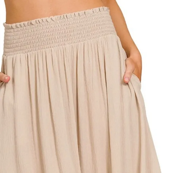 Cream Crinkle Smocked Waist Maxi Skirt