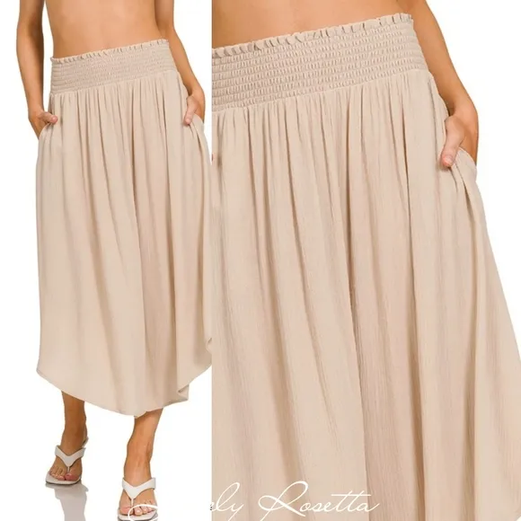 Cream Crinkle Smocked Waist Maxi Skirt