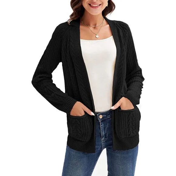 Crochet Cardigan Kimono Boho Long Sleeve Lightweight Soft Sweater Black Small