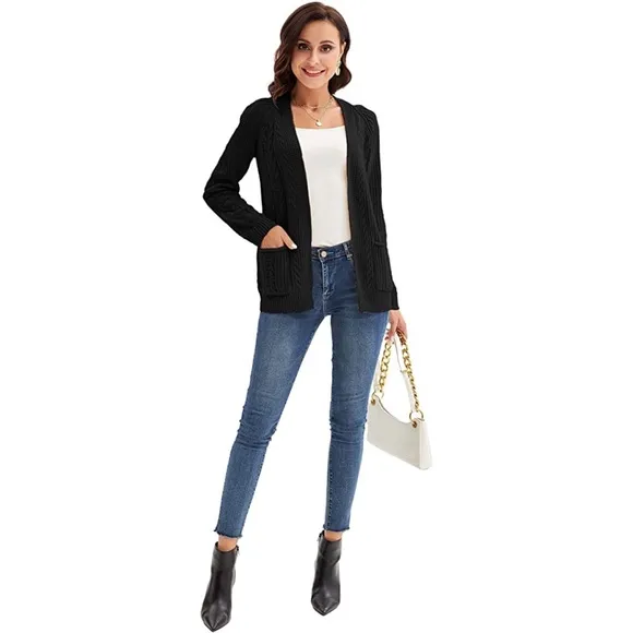 Crochet Cardigan Kimono Boho Long Sleeve Lightweight Soft Sweater Black Small