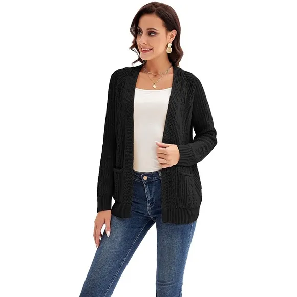 Crochet Cardigan Kimono Boho Long Sleeve Lightweight Soft Sweater Black Small