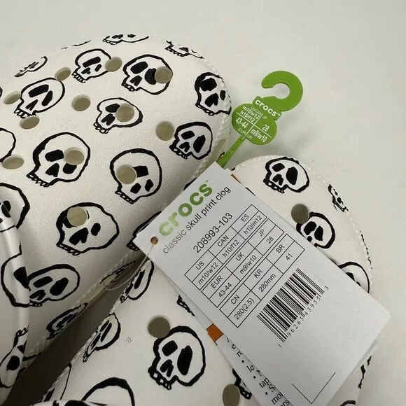 Crocs Classic Clogs Mens 10 White Skull Print Black Comfort Slip On Sandal Shoes
