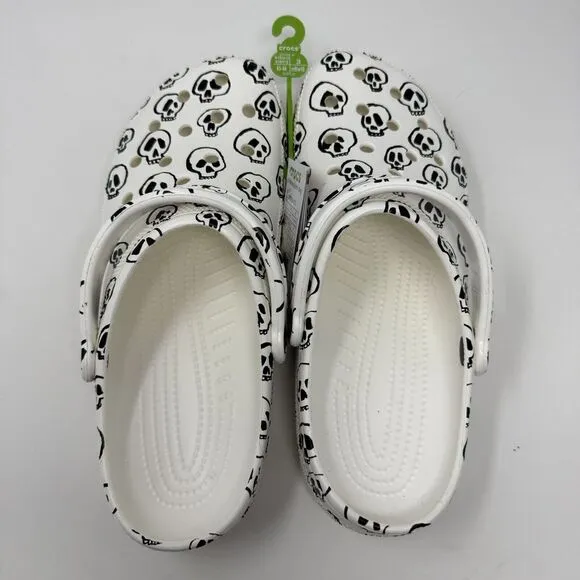 Crocs Classic Clogs Mens 10 White Skull Print Black Comfort Slip On Sandal Shoes