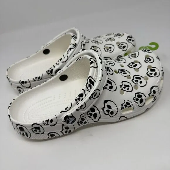 Crocs Classic Clogs Mens 10 White Skull Print Black Comfort Slip On Sandal Shoes