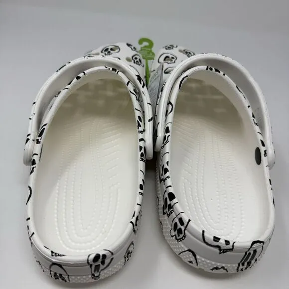 Crocs Classic Clogs Mens 10 White Skull Print Black Comfort Slip On Sandal Shoes