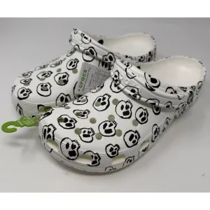 Crocs Classic Clogs Mens 10 White Skull Print Black Comfort Slip On Sandal Shoes