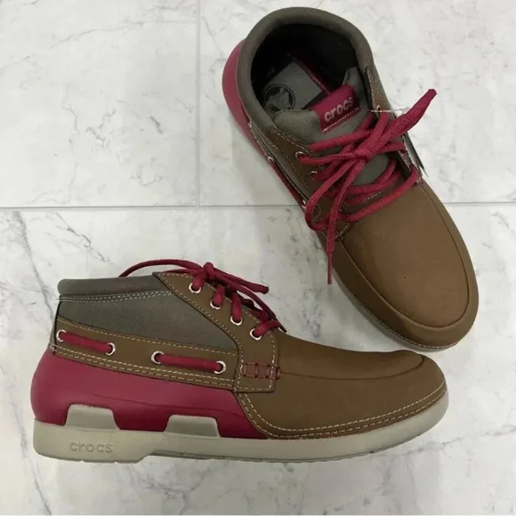 CROCS Men’s Beach Line Boat Chukka Boot Brown &amp; Red Lightweight 10