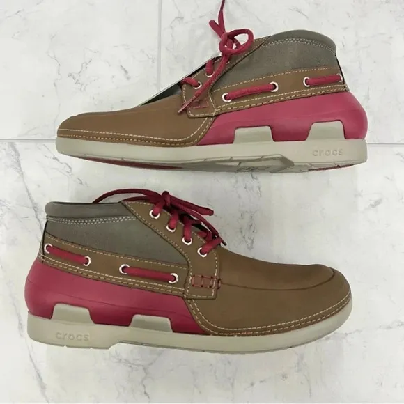 CROCS Men’s Beach Line Boat Chukka Boot Brown &amp; Red Lightweight 10