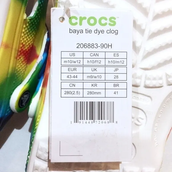 Crocs Rainbow Tie-Dye Clog Baya Sz 10 (Mens) 12 (Womens) New Slip On Mules