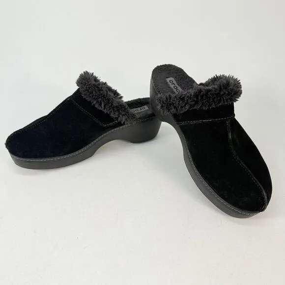 Crocs Shoes Womens 11 Cobbler Mule Clogs Black Suede Faux Fur Trim Wedge 11602
