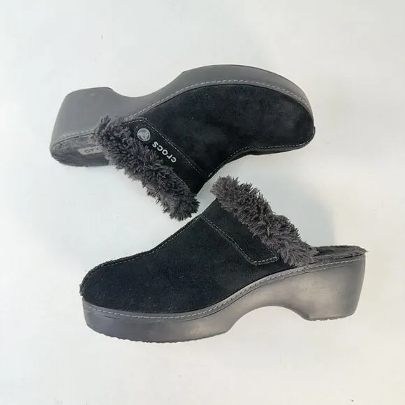 Crocs Shoes Womens 11 Cobbler Mule Clogs Black Suede Faux Fur Trim Wedge 11602