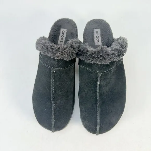 Crocs Shoes Womens 11 Cobbler Mule Clogs Black Suede Faux Fur Trim Wedge 11602
