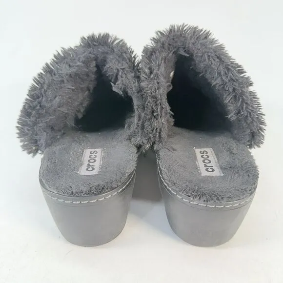 Crocs Shoes Womens 11 Cobbler Mule Clogs Black Suede Faux Fur Trim Wedge 11602