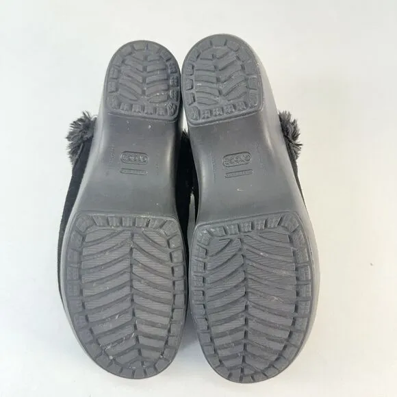 Crocs Shoes Womens 11 Cobbler Mule Clogs Black Suede Faux Fur Trim Wedge 11602