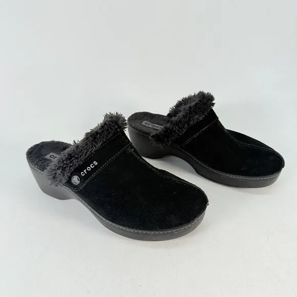 Crocs Shoes Womens 11 Cobbler Mule Clogs Black Suede Faux Fur Trim Wedge 11602