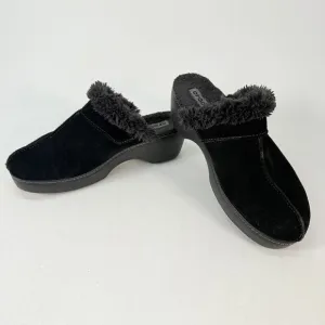Crocs Shoes Womens 11 Cobbler Mule Clogs Black Suede Faux Fur Trim Wedge 11602