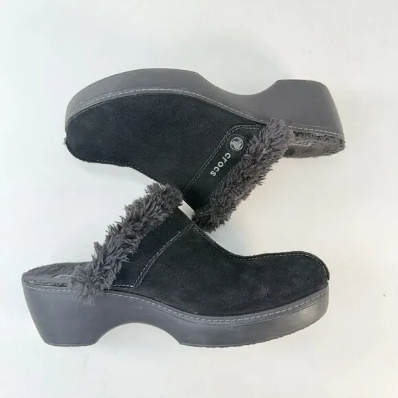 Crocs Shoes Womens 11 Cobbler Mule Clogs Black Suede Faux Fur Trim Wedge 11602