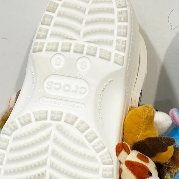 Crocs Size 8 White Multi Color Plushy Stuffed Animal Slip on Shoes