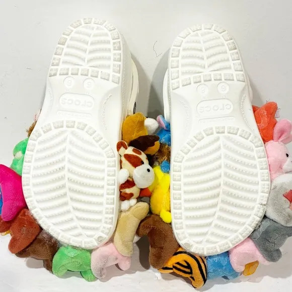 Crocs Size 8 White Multi Color Plushy Stuffed Animal Slip on Shoes