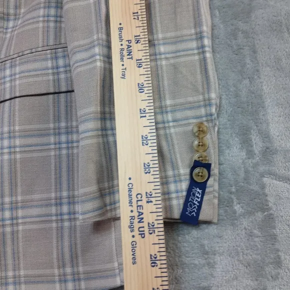 Crown &amp; Ivy Sport Coat Blazer Jacket Mens 42R Linen Blend Tan Blue Motion Flex