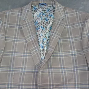 Crown &amp; Ivy Sport Coat Blazer Jacket Mens 42R Linen Blend Tan Blue Motion Flex