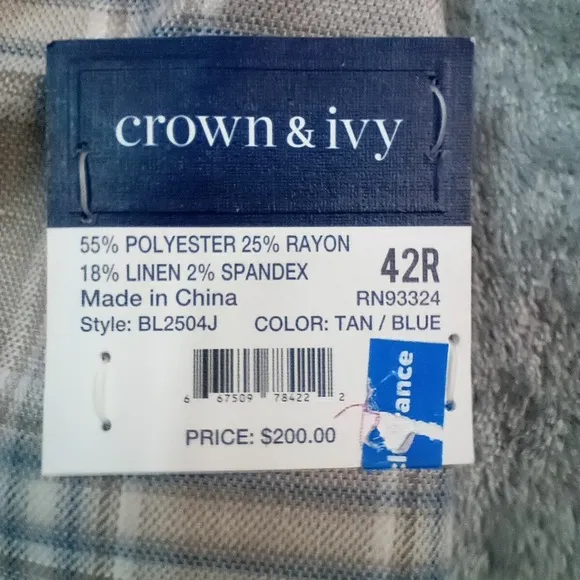 Crown &amp; Ivy Sport Coat Blazer Jacket Mens 42R Linen Blend Tan Blue Motion Flex