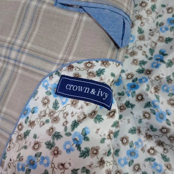 Crown &amp; Ivy Sport Coat Blazer Jacket Mens 42R Linen Blend Tan Blue Motion Flex