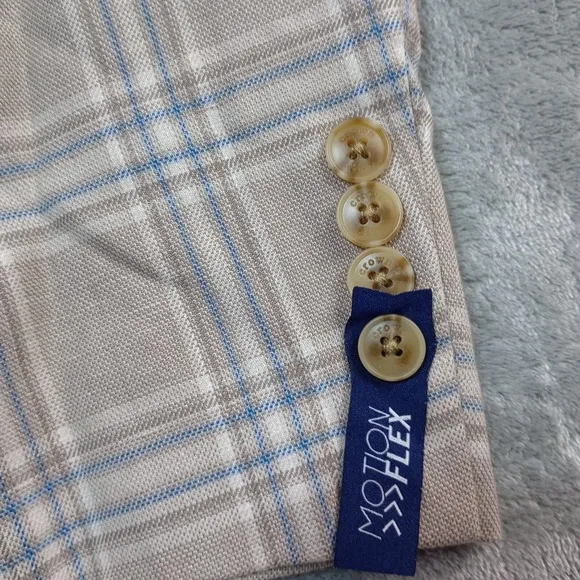 Crown &amp; Ivy Sport Coat Blazer Jacket Mens 42R Linen Blend Tan Blue Motion Flex