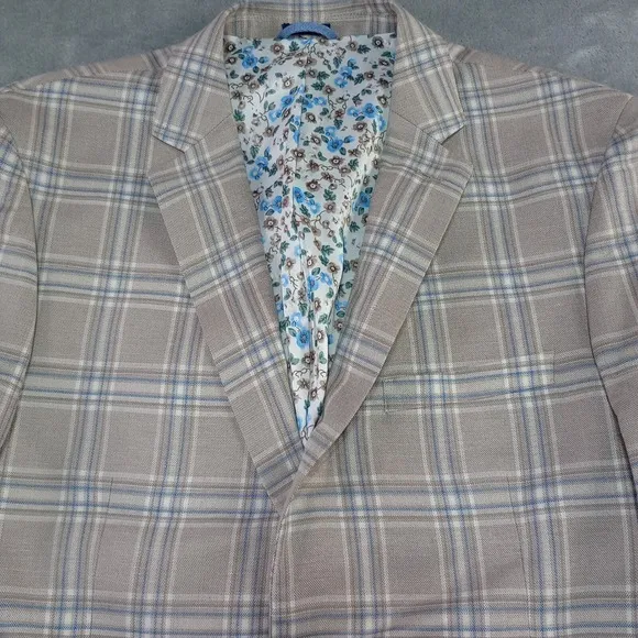 Crown &amp; Ivy Sport Coat Blazer Jacket Mens 42R Linen Blend Tan Blue Motion Flex