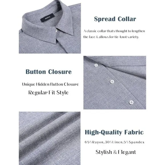 Dark Blue Grey Linen Short Sleeve Button Down Casual Shirt Business Dress