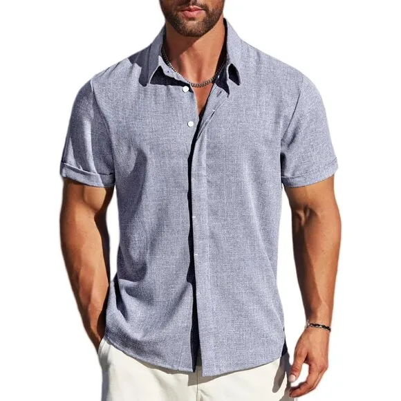 Dark Blue Grey Linen Short Sleeve Button Down Casual Shirt Business Dress