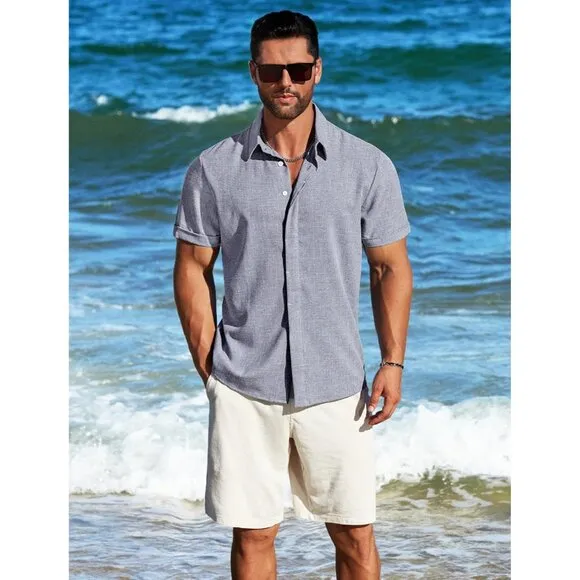 Dark Blue Grey Linen Short Sleeve Button Down Casual Shirt Business Dress