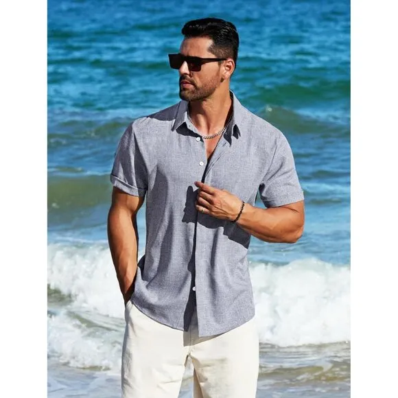 Dark Blue Grey Linen Short Sleeve Button Down Casual Shirt Business Dress