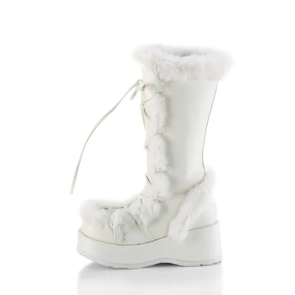 Demonia Cubby 311 White Vegan Leather Mid Calf Boot with Faux Fur
