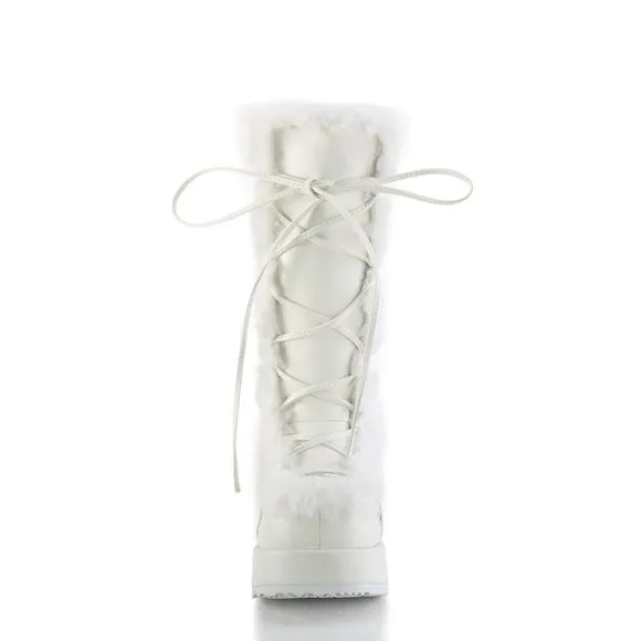 Demonia Cubby 311 White Vegan Leather Mid Calf Boot with Faux Fur