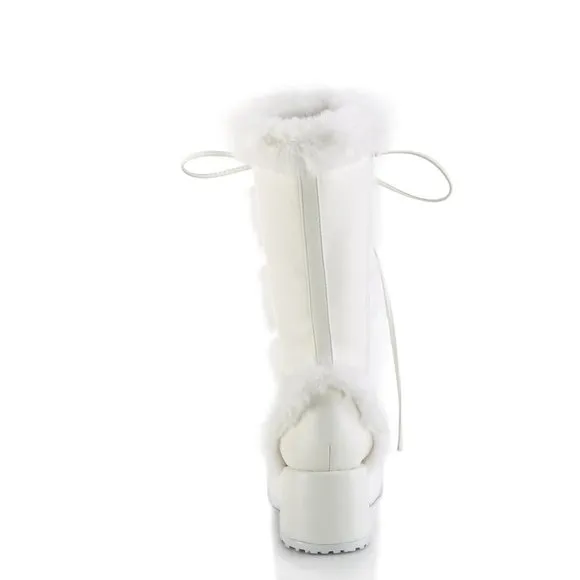 Demonia Cubby 311 White Vegan Leather Mid Calf Boot with Faux Fur