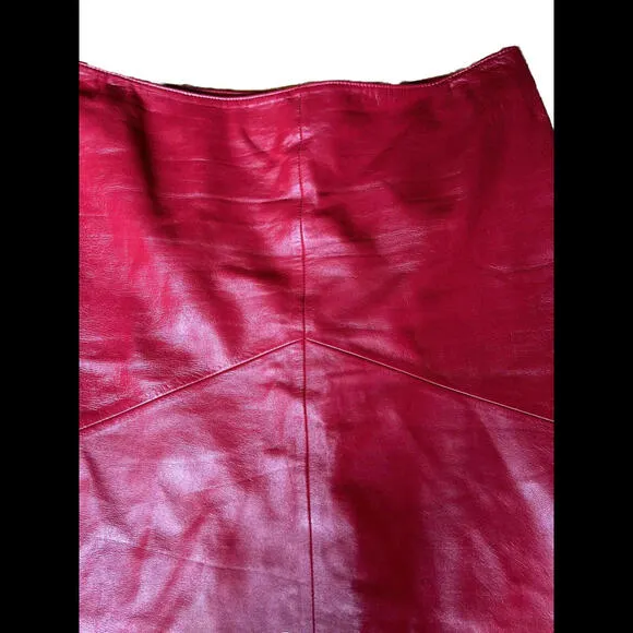 💃🌹Designer Cache Size 12 Red Leather Waistbandless Skirt Kick Pleat Zipper
