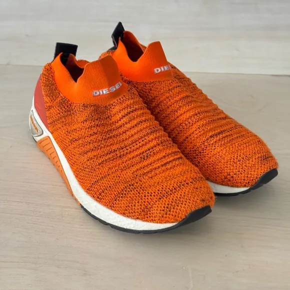 Diesel Athletic Sock Shoes Orange Slip On Knit Lifestyle Running Men Size 10.5