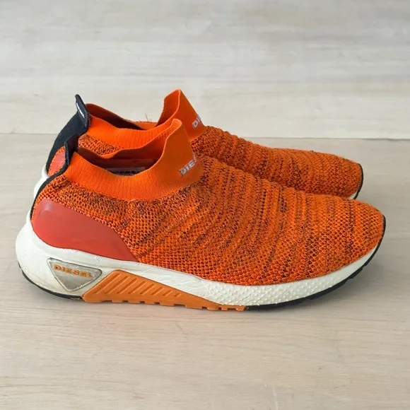 Diesel Athletic Sock Shoes Orange Slip On Knit Lifestyle Running Men Size 10.5
