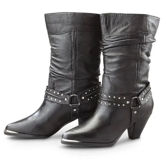Dingo Emma Slouchy Western Heeled Boot Black Pigskin Leather SZ 9 Harness