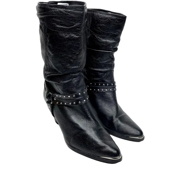 Dingo Emma Slouchy Western Heeled Boot Black Pigskin Leather SZ 9 Harness