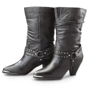 Dingo Emma Slouchy Western Heeled Boot Black Pigskin Leather SZ 9 Harness