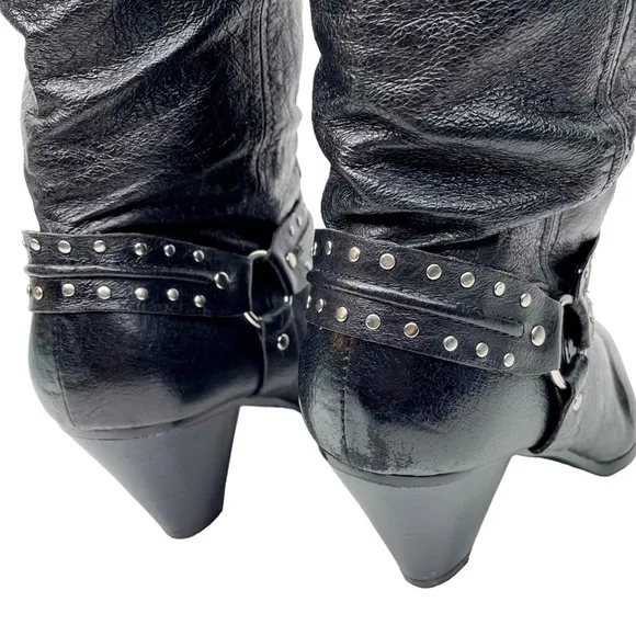 Dingo Emma Slouchy Western Heeled Boot Black Pigskin Leather SZ 9 Harness