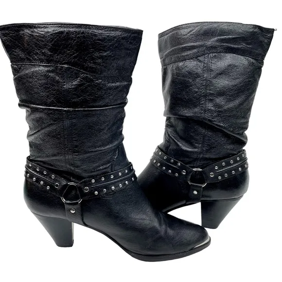 Dingo Emma Slouchy Western Heeled Boot Black Pigskin Leather SZ 9 Harness