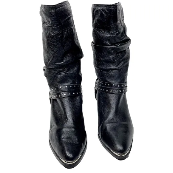Dingo Emma Slouchy Western Heeled Boot Black Pigskin Leather SZ 9 Harness
