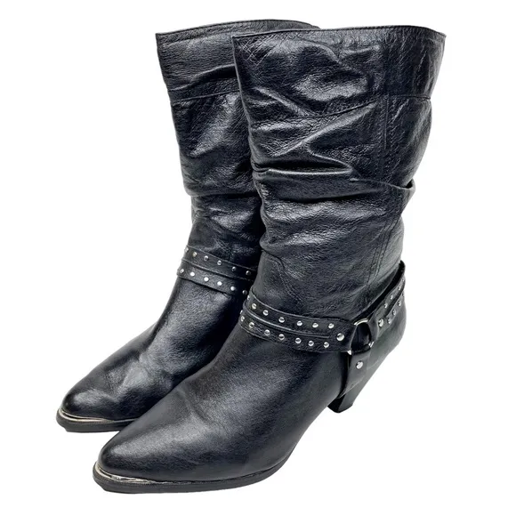 Dingo Emma Slouchy Western Heeled Boot Black Pigskin Leather SZ 9 Harness