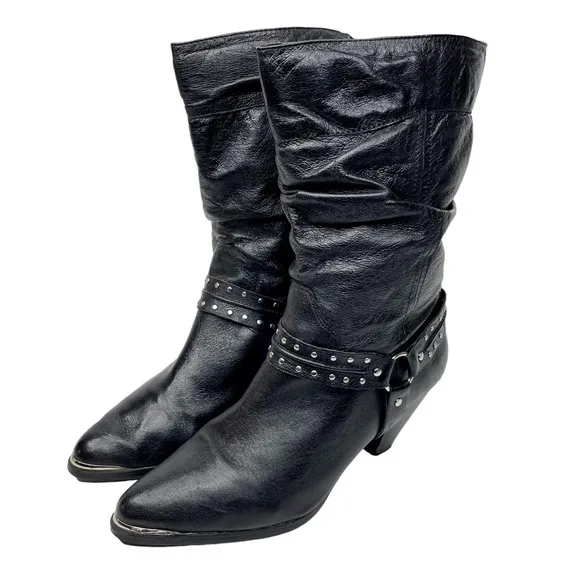Dingo Emma Slouchy Western Heeled Boot Black Pigskin Leather SZ 9 Harness
